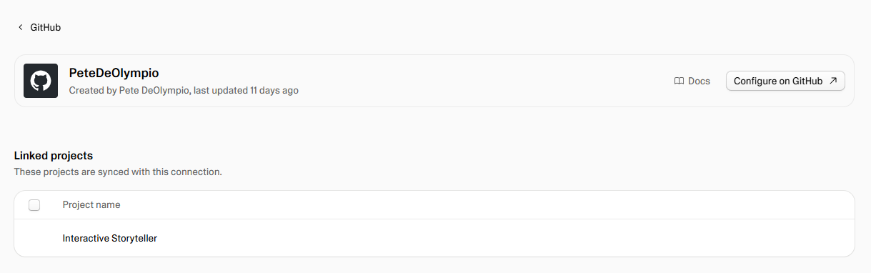The GitHub connection in Lovable's settings, linked to the Interactive Storyteller project