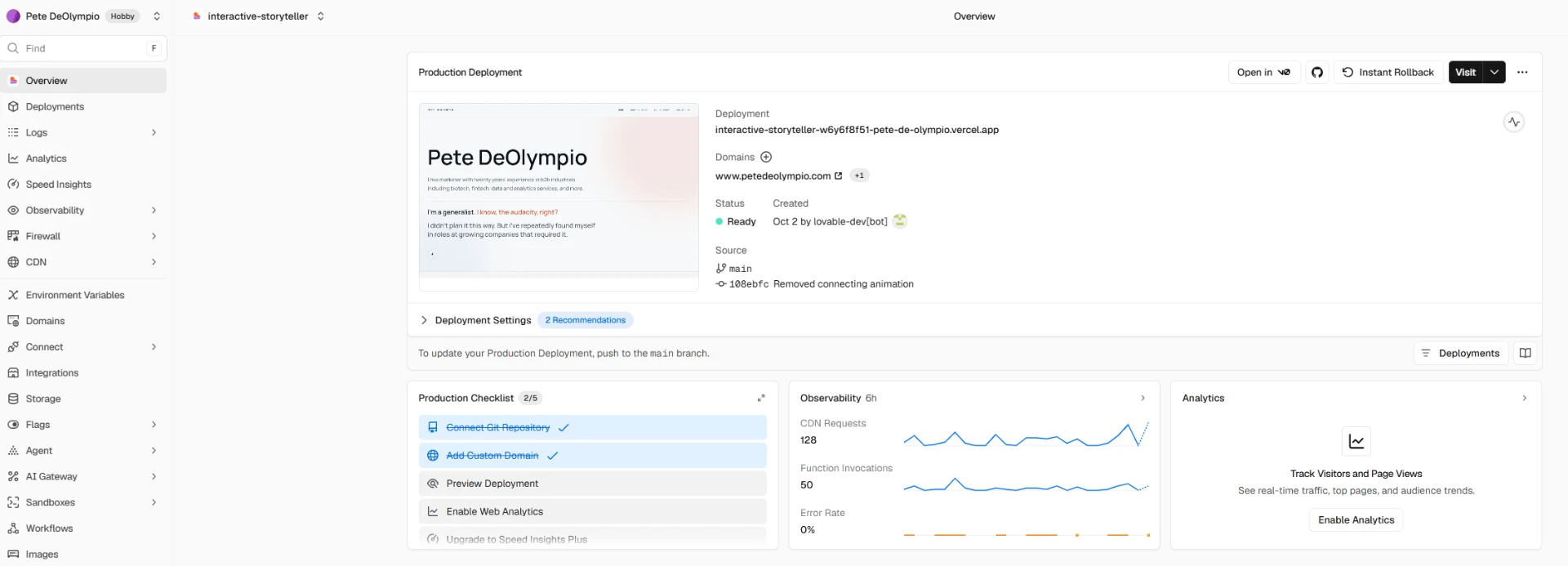 The Vercel dashboard showing the live production deployment of www.petedeolympio.com