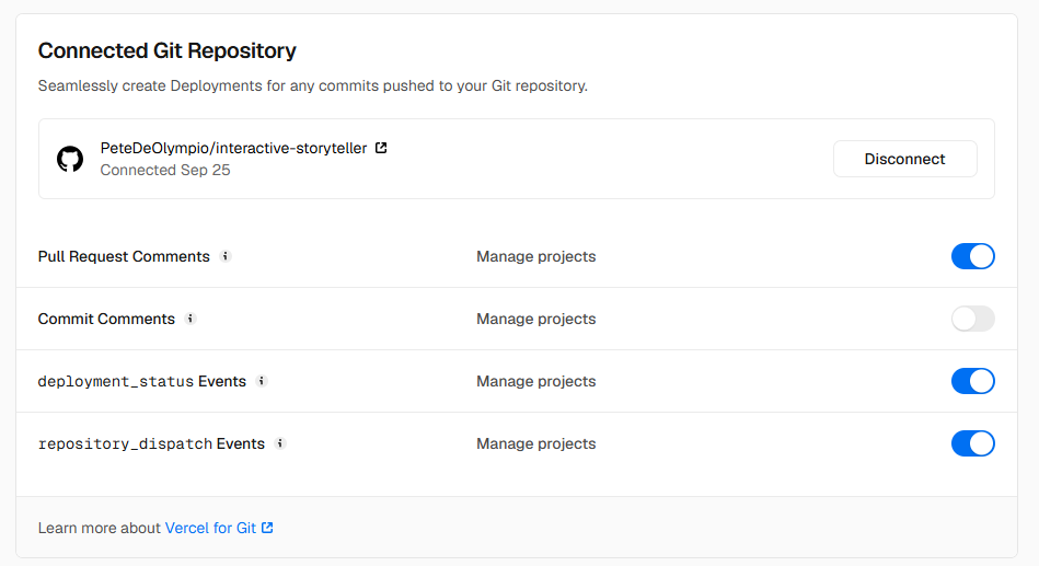 Vercel's Git integration settings, showing the connected interactive-storyteller GitHub repository