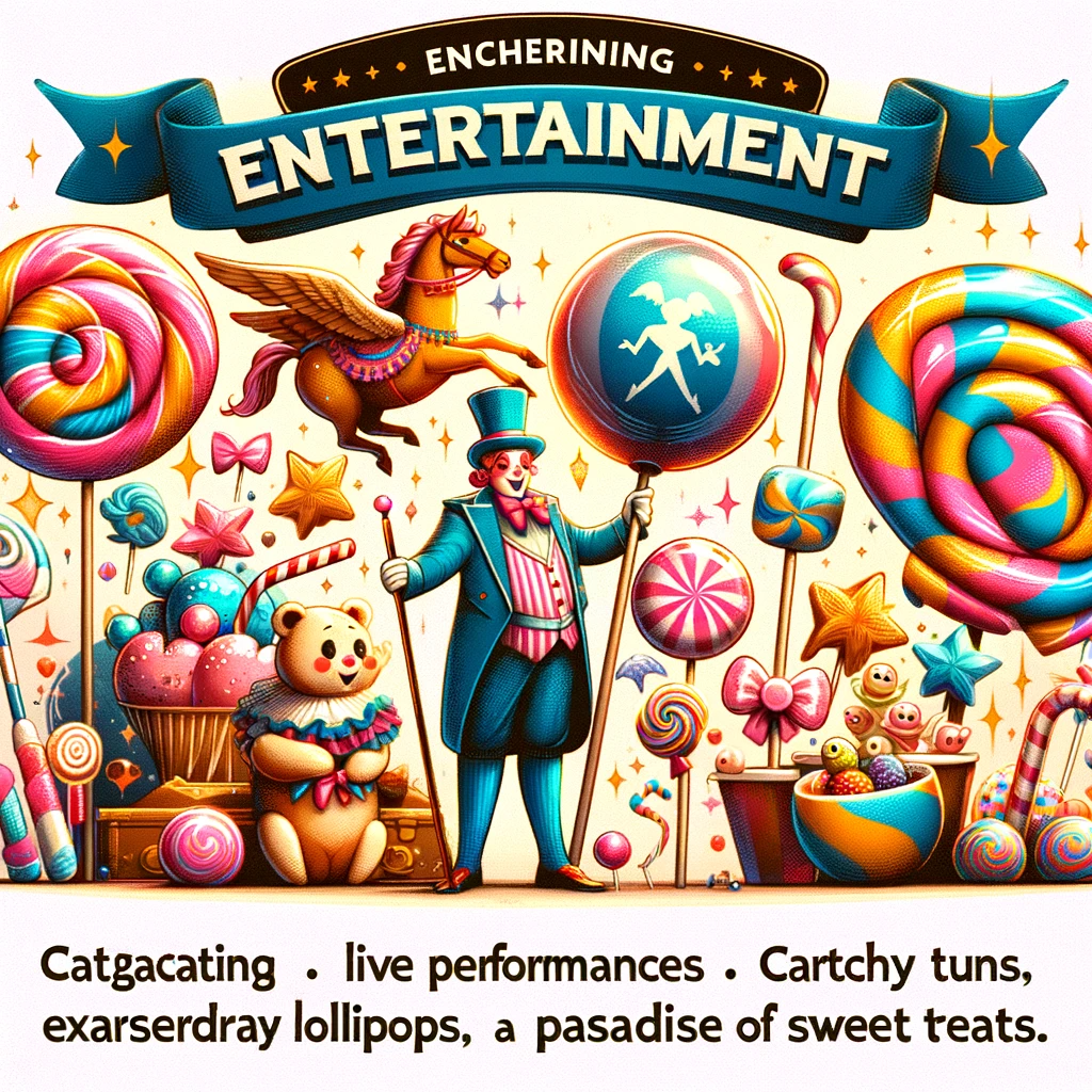 A garish AI-generated candy ad with a ringmaster, lollipops, and garbled gibberish text like "Encherining Entertainment" and "Catgacating"